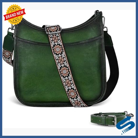 Handbags - Genuine Leather Crossbody Bag with Boho Strap, Multiple Pockets, Adjustable